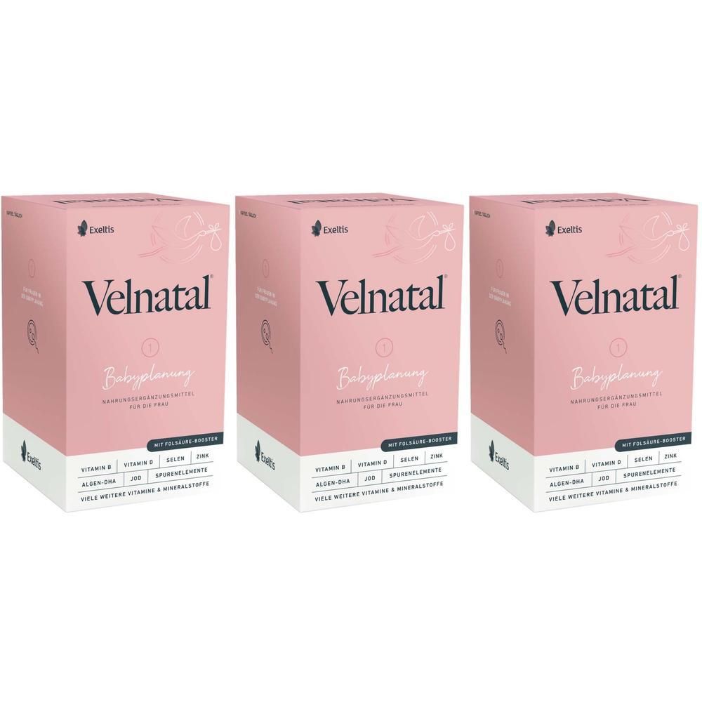 Drei Packungen Velnatal Babyplanung mit Folsäure und Vitaminen.