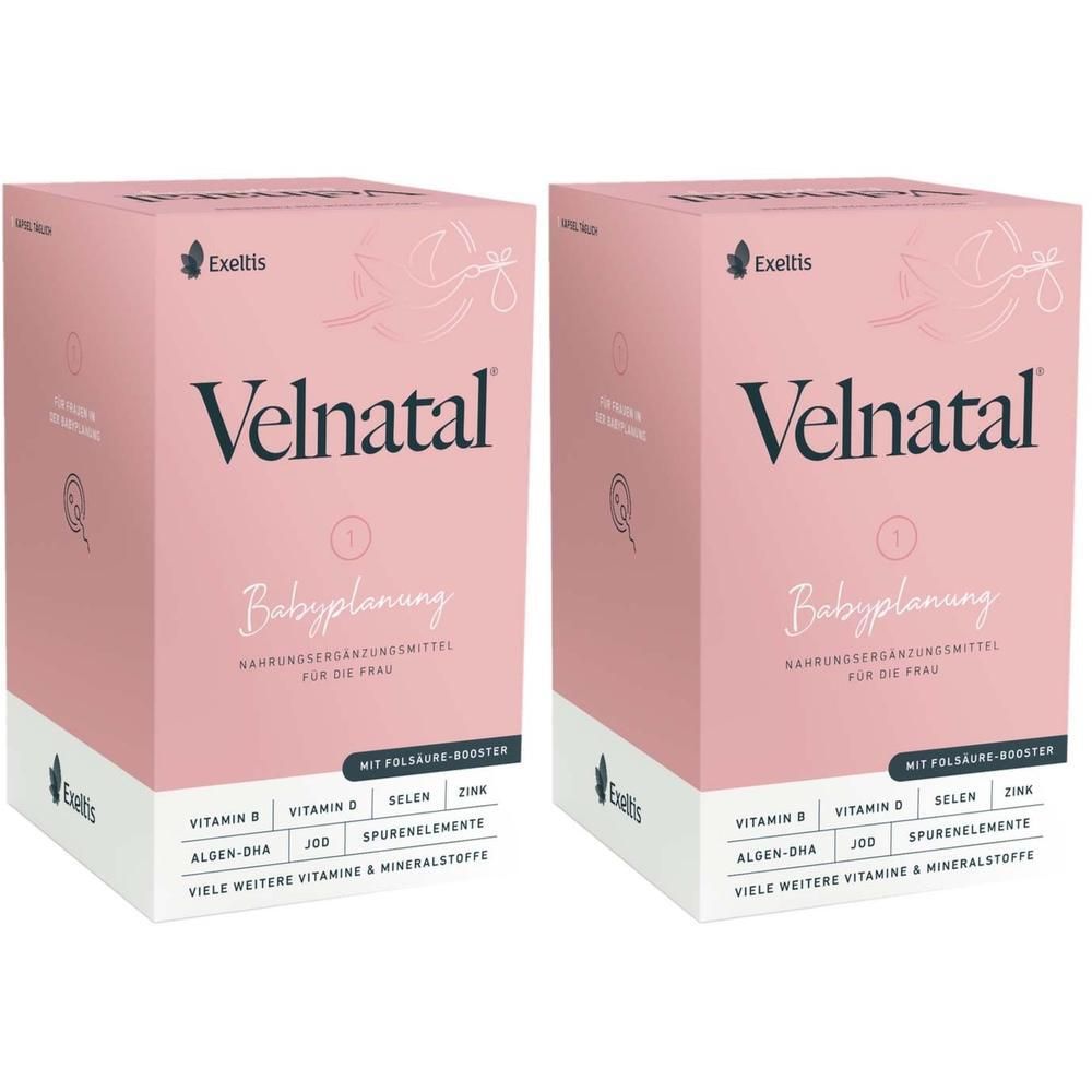 Zwei Packungen Velnatal Babyplanung Nahrungsergänzungsmittel für Frauen, rosa.