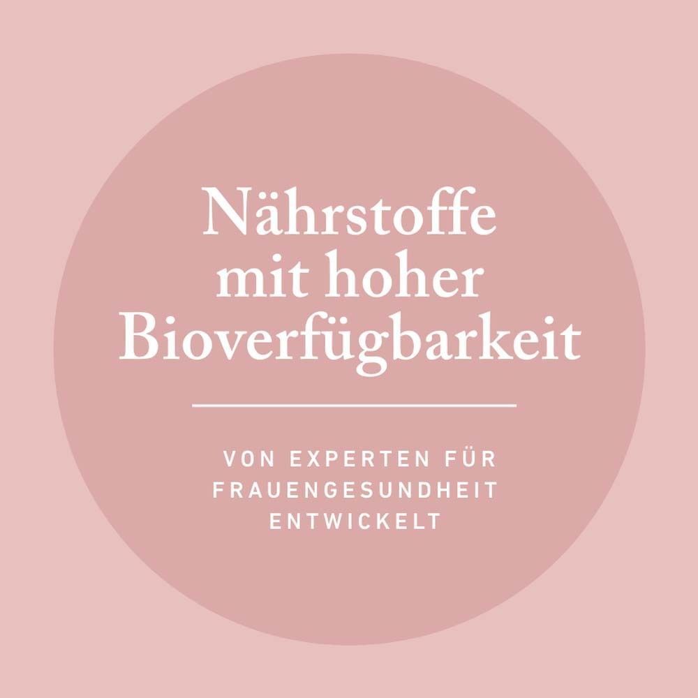 Text: Nährstoffe mit hoher Bioverfügbarkeit, von Experten für Frauengesundheit entwickelt.