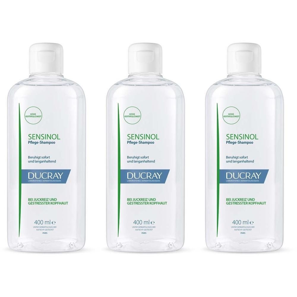 Drei Flaschen Ducray Sensinol Pflegeshampoo, jeweils 400 ml.