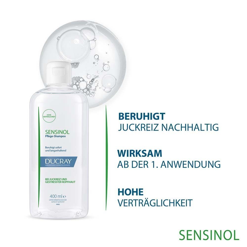 Ducray Sensinol Pflegeshampoo mit beruhigender Wirkung und Textur.