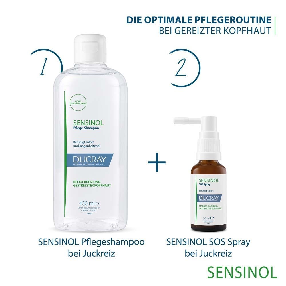 Pflege routine: Ducray Sensinol Shampoo und SOS Spray bei Juckreiz.