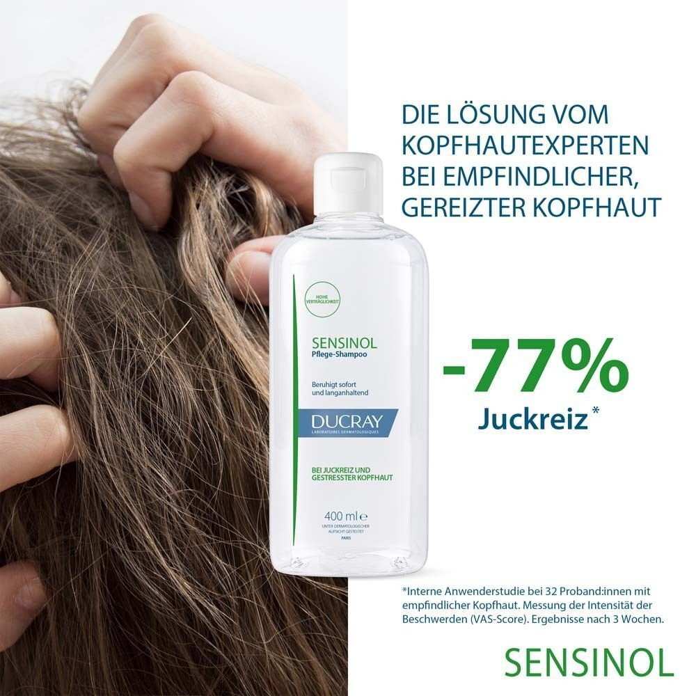Ducray Sensinol Shampoo neben einer juckenden Kopfhaut. Reduziert Juckreiz um 77%.