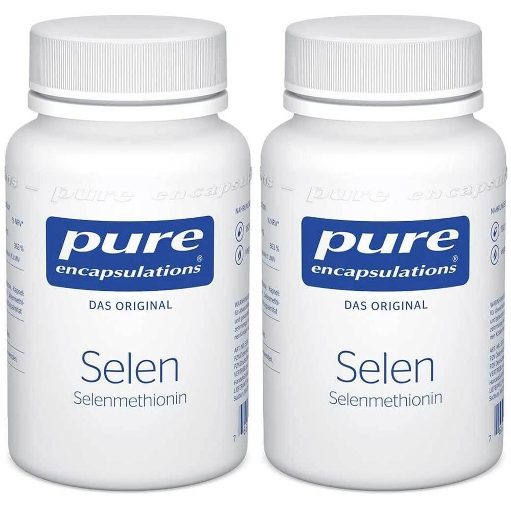 Zwei weiße Flaschen mit Selen (Selenmethionin) von pure encapsulations®.