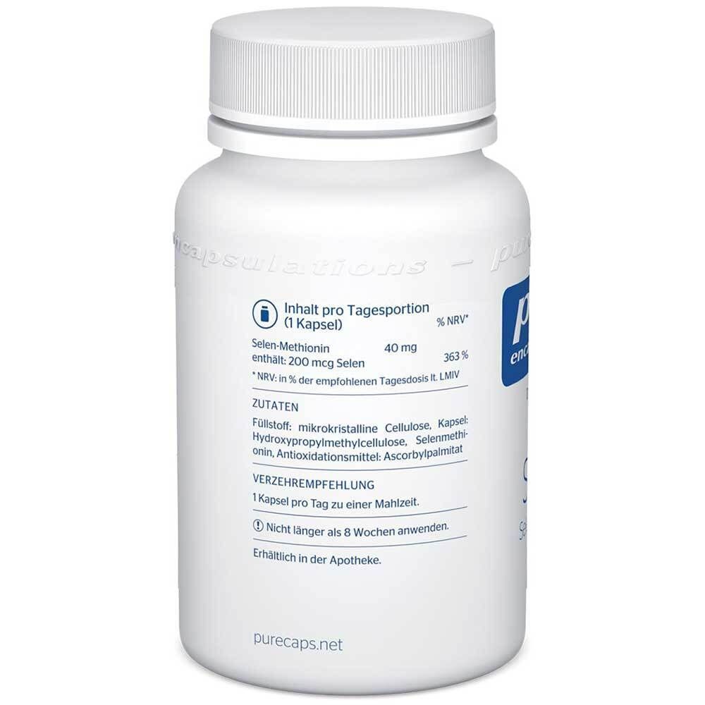 Weiße Flasche mit Selen (Selenmethionin) von pure encapsulations®, Rückseite mit Nährwertangaben.