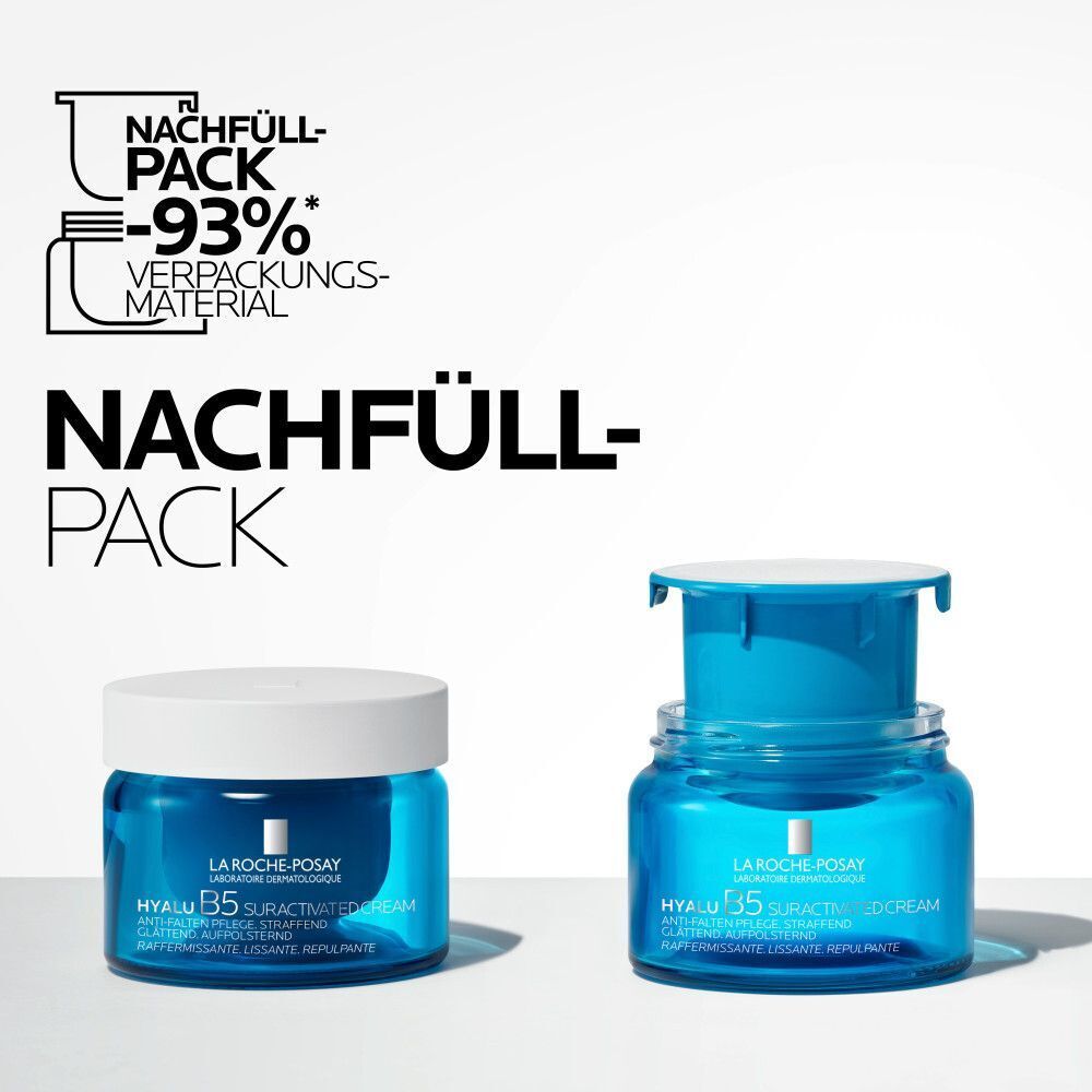La Roche Posay Hyalu B5 Tiegel und Nachfüllpackung. Reduziert Verpackungsmaterial.