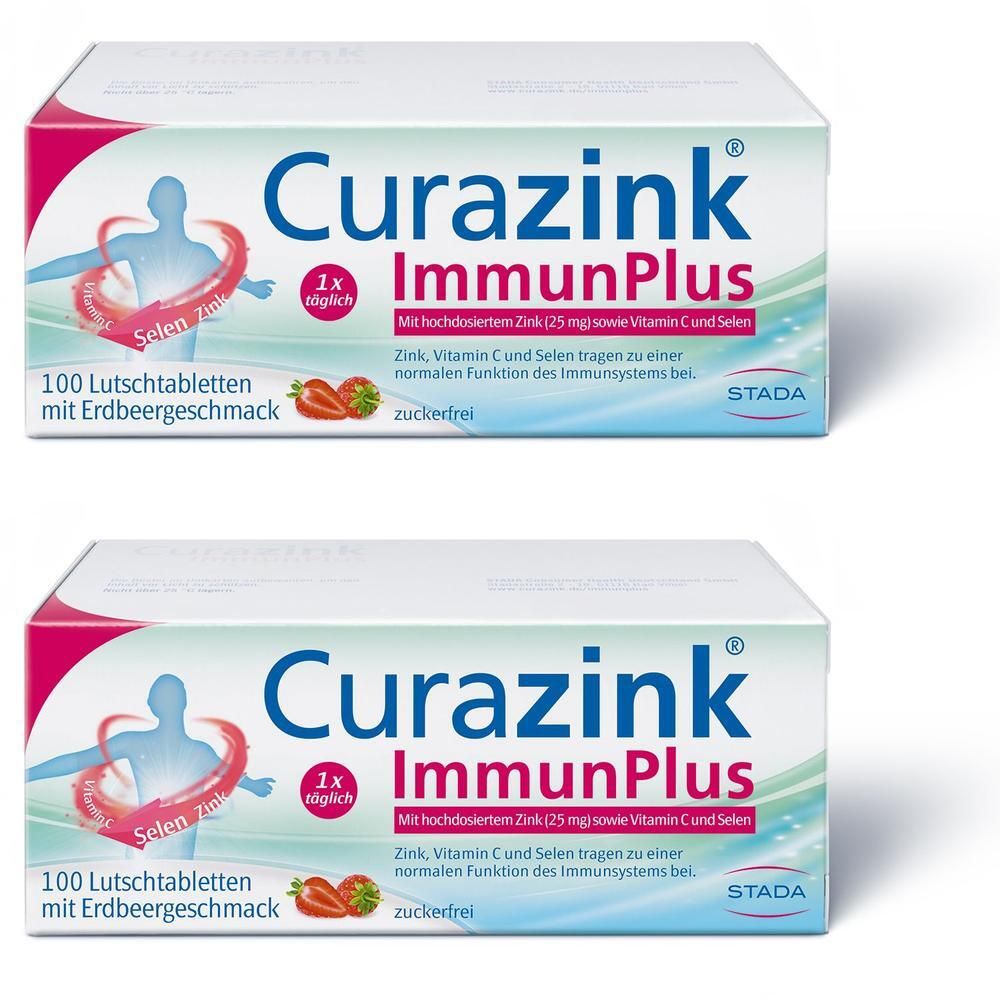Zwei Packungen Curazink ImmunPlus Lutschtabletten mit Erdbeergeschmack.