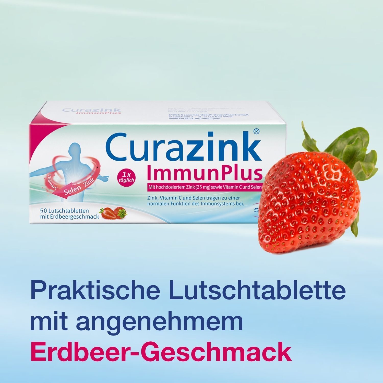 Packung Curazink ImmunPlus Lutschtabletten mit Erdbeergeschmack und einer Erdbeere.