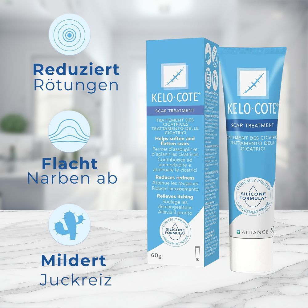 Kelo-Cote Narbengel Tube und Schachtel mit Icons für Rötungsreduktion, Abflachung und Juckreizlinderung.