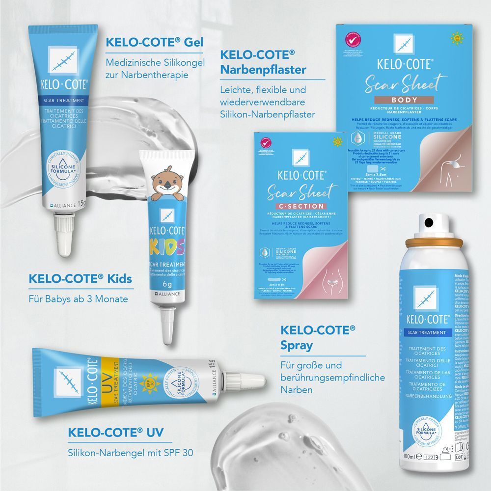 Produktübersicht von Kelo-Cote: Gel, Kids, UV, Spray und Scar Sheet in verschiedenen Verpackungen.