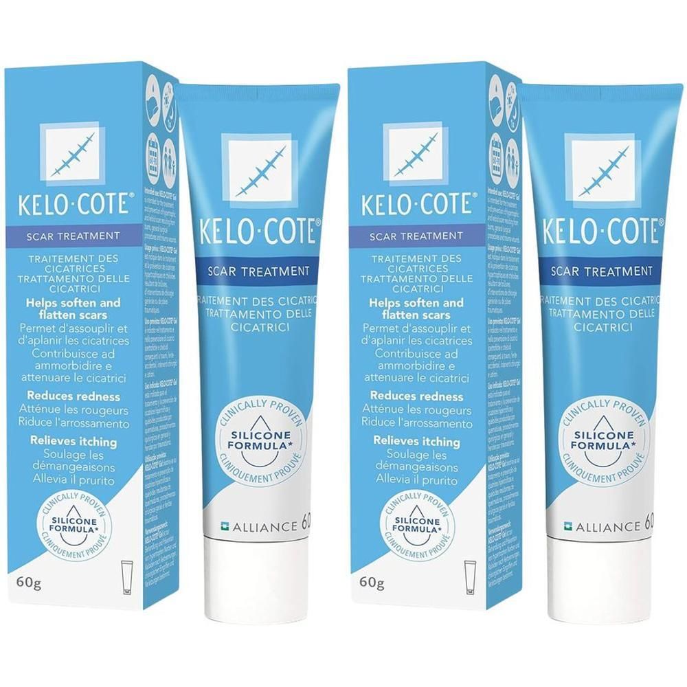 Zwei Tuben Kelo-Cote Narbengel mit Faltschachteln. 60g Tuben für die Narbenbehandlung.