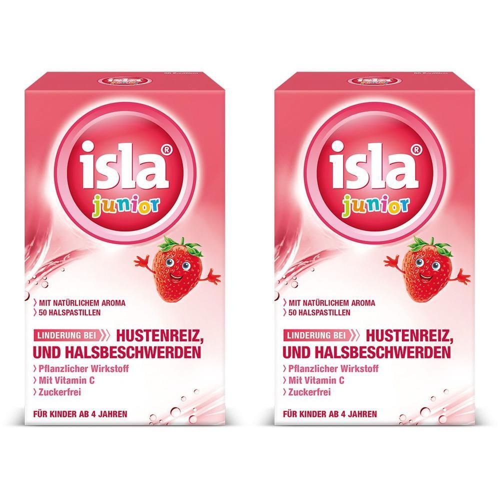 Zwei Packungen Isla® Junior Pastillen mit Erdbeer-Motiv, zuckerfrei, für Kinder ab 4 Jahren.