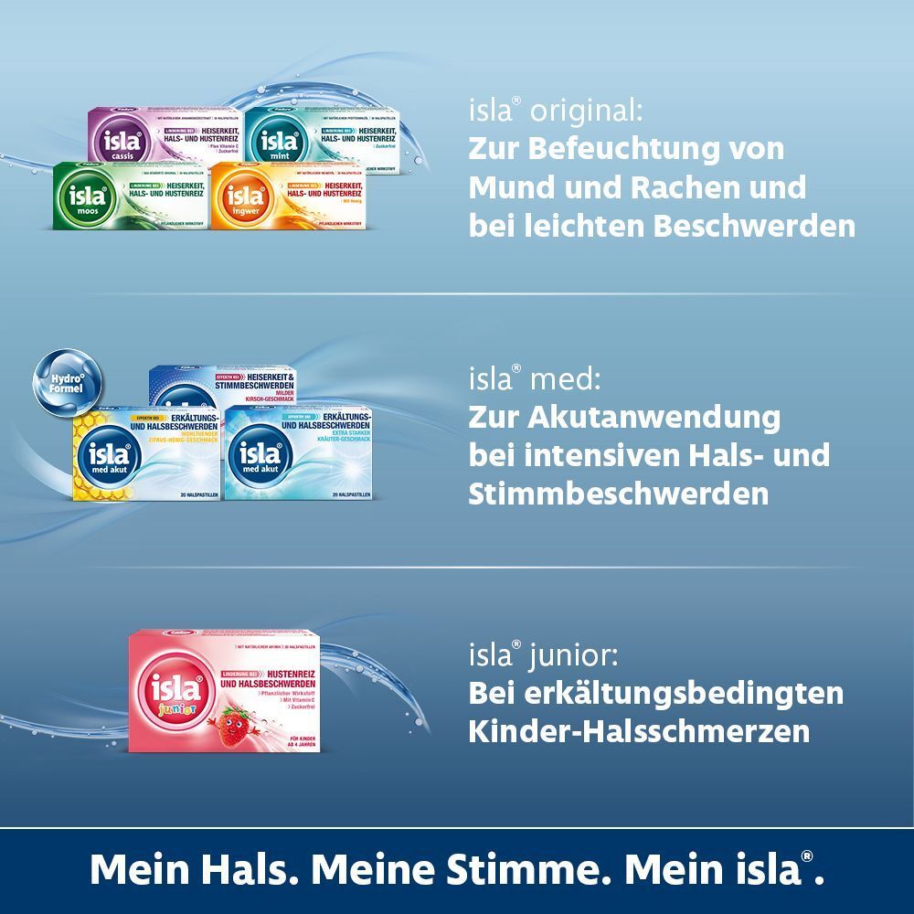 Übersicht Isla® Pastillen: Original, Med und Junior für Halsbeschwerden und Stimme.
