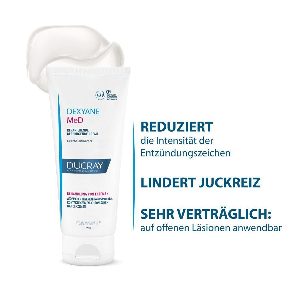 Tube DUCRAY DEXYANE MeD mit aufgetragener Creme. Reduziert Entzündungszeichen, lindert Juckreiz.