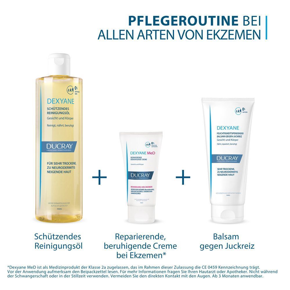 Pflege-Routine bei Ekzemen: Reinigungsöl, Creme, Balsam von DUCRAY DEXYANE.