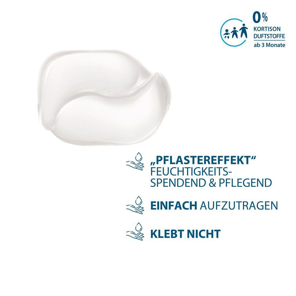 Creme-Textur von DUCRAY DEXYANE MeD. 0% Kortison, Duftstoffe. "Pflastereffekt", feuchtigkeitsspendend, klebt nicht.