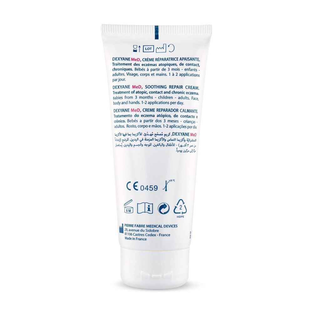Rückseite einer Tube DUCRAY DEXYANE MeD Creme mit CE-Kennzeichnung und Anwendungshinweisen.