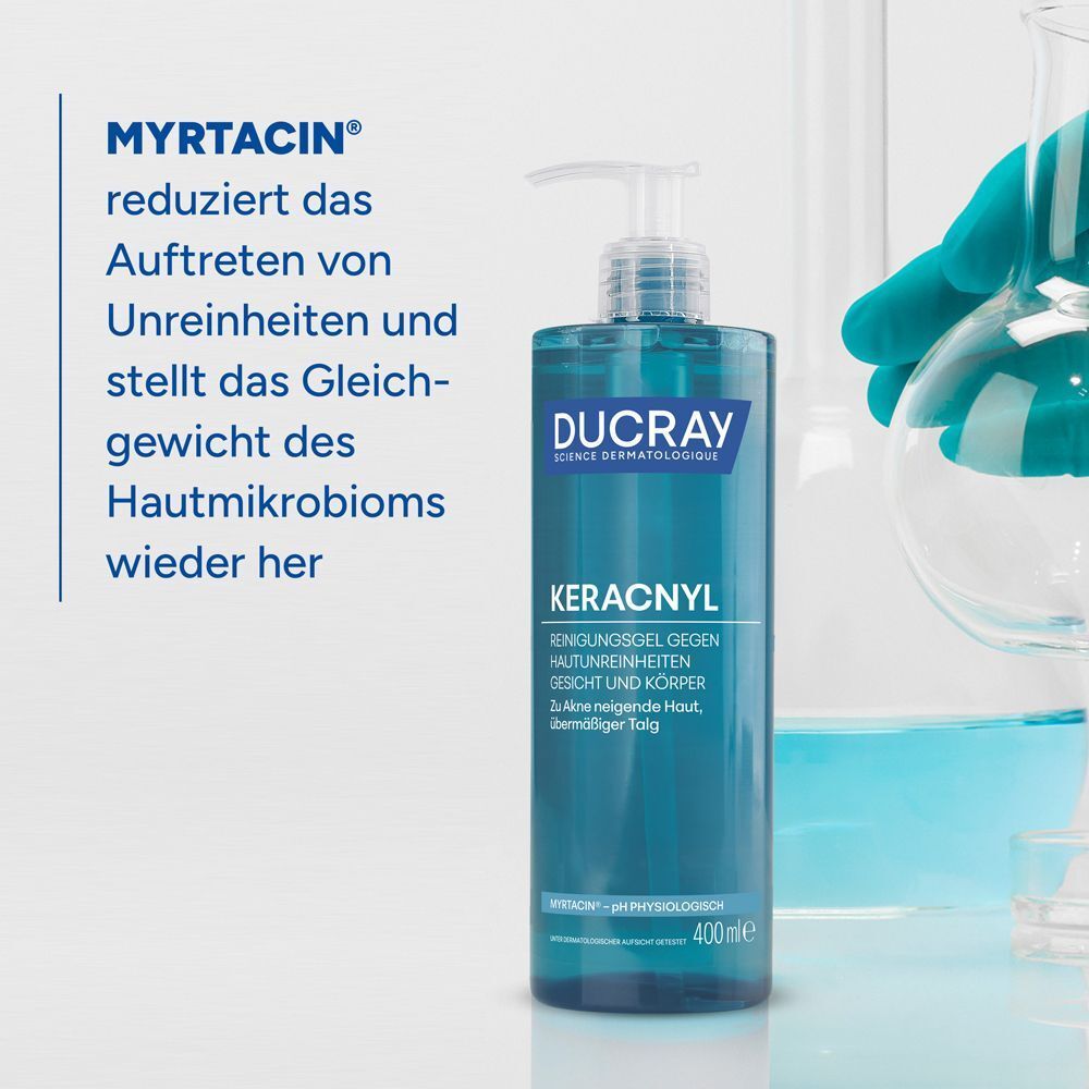 Ducray Keracnyl Waschgel in Laborumgebung, reduziert Unreinheiten.