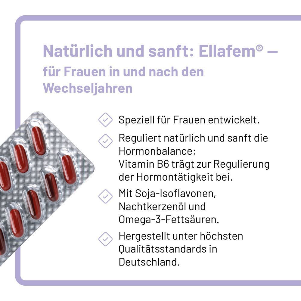 Blisterpackung mit Ellafem Kapseln und Text über Vorteile für Frauen in den Wechseljahren.