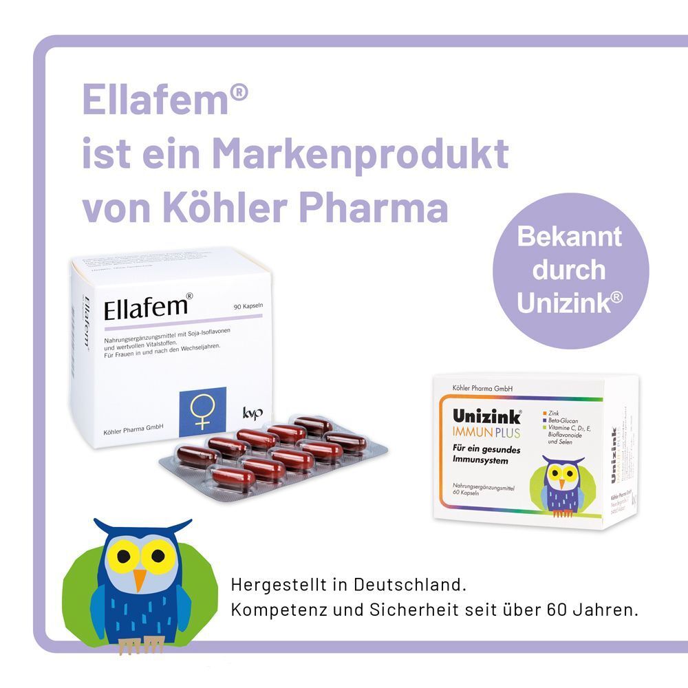 Ellafem Kapseln und Unizink Immun Plus von Köhler Pharma. Hergestellt in Deutschland.