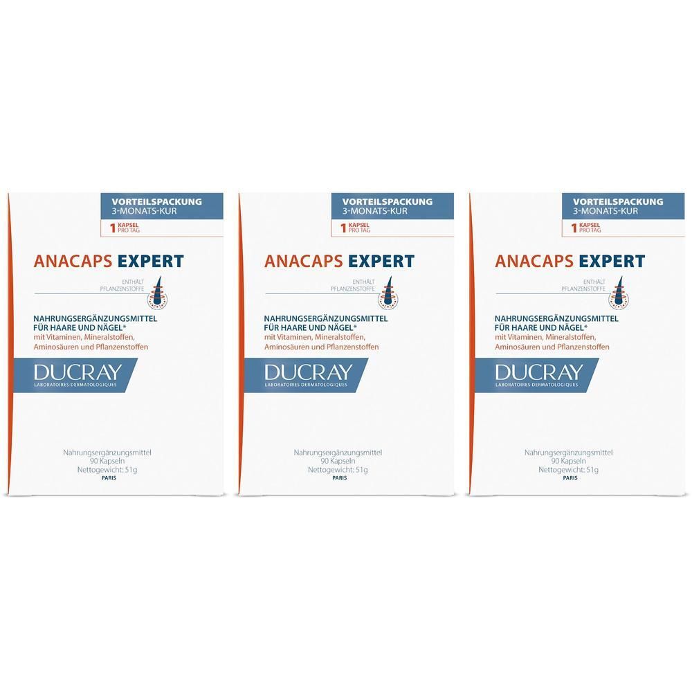 Drei Packungen Ducray Anacaps Expert, Nahrungsergänzungsmittel für Haare und Nägel.