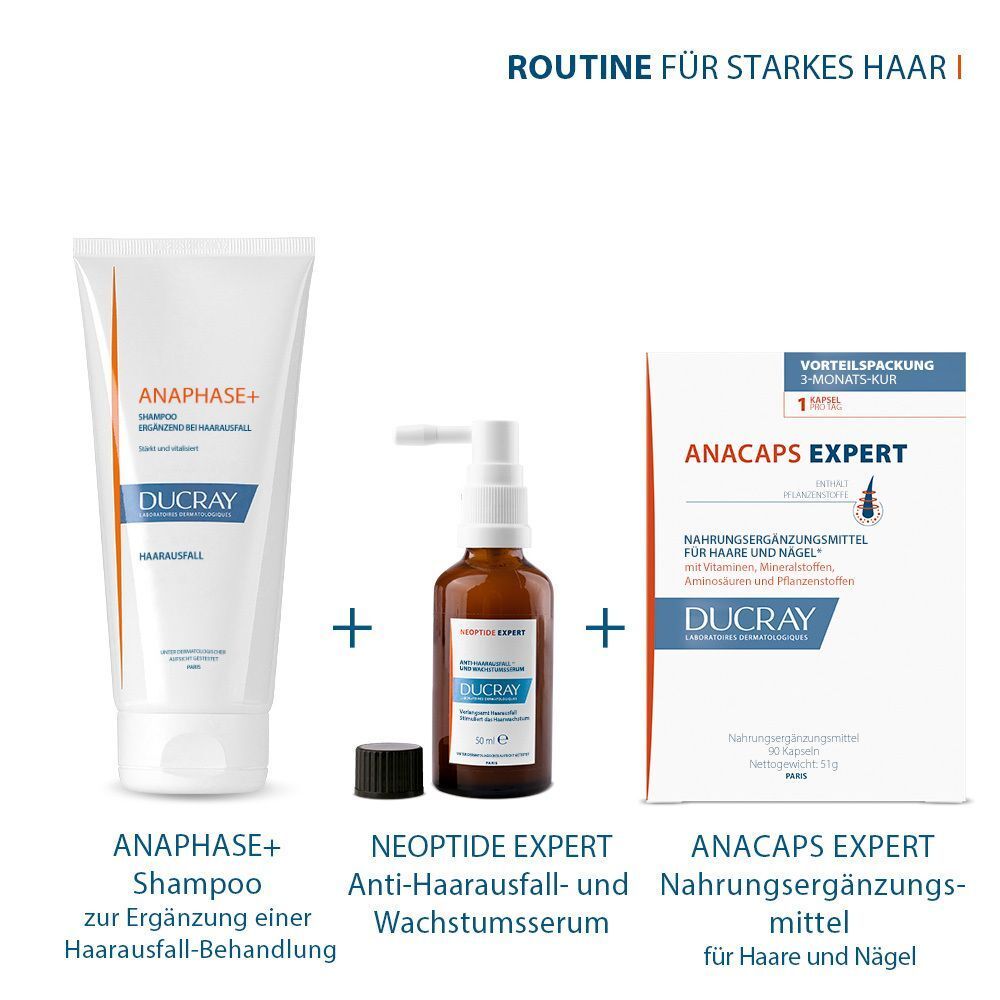 Ducray Anacaps Expert Set: Shampoo, Serum gegen Haarausfall und Nahrungsergänzungsmittel.