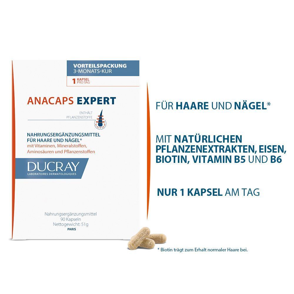 Ducray Anacaps Expert Packung mit zwei Kapseln, für Haare und Nägel, mit Pflanzenextrakten.