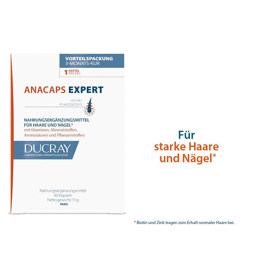 Ducray Anacaps Expert Packung mit Text für starke Haare und Nägel.
