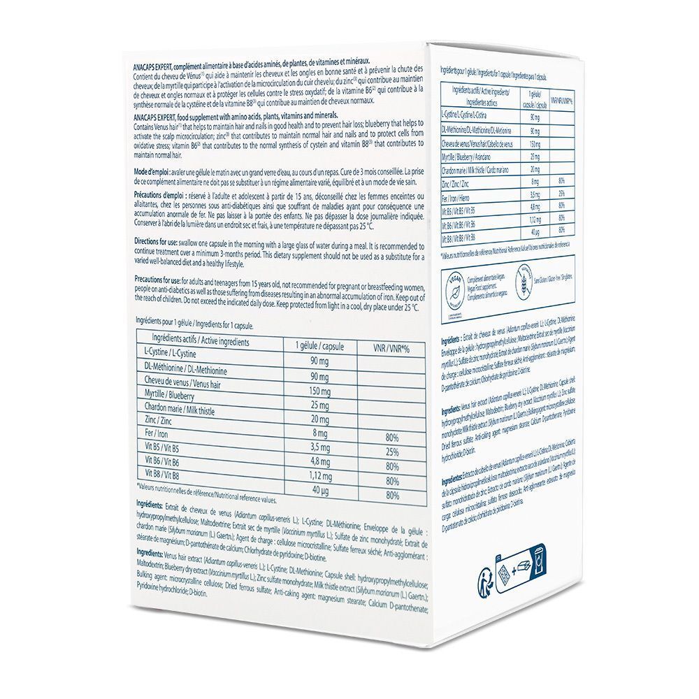 Rückseite einer Ducray Anacaps Expert Packung mit Inhaltsstoffen und Anwendungshinweisen.