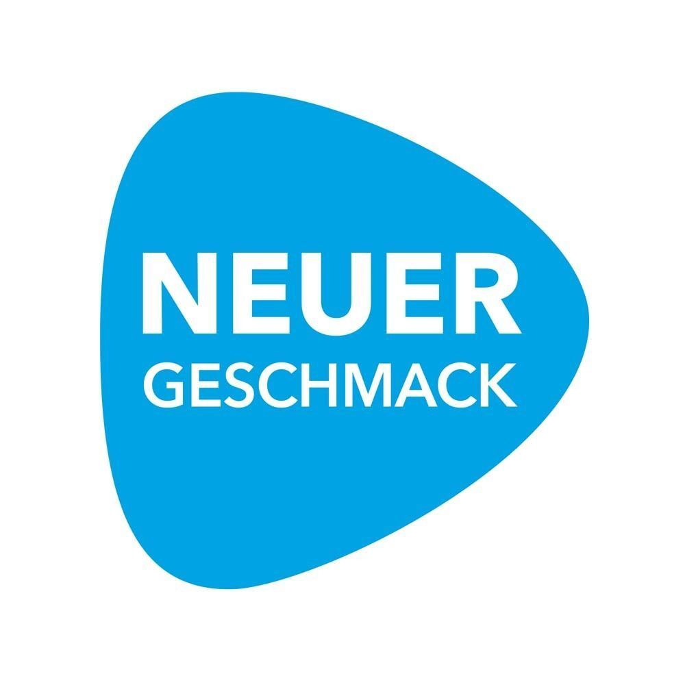 Blauer Aufkleber mit weißer Schrift: Neuer Geschmack.