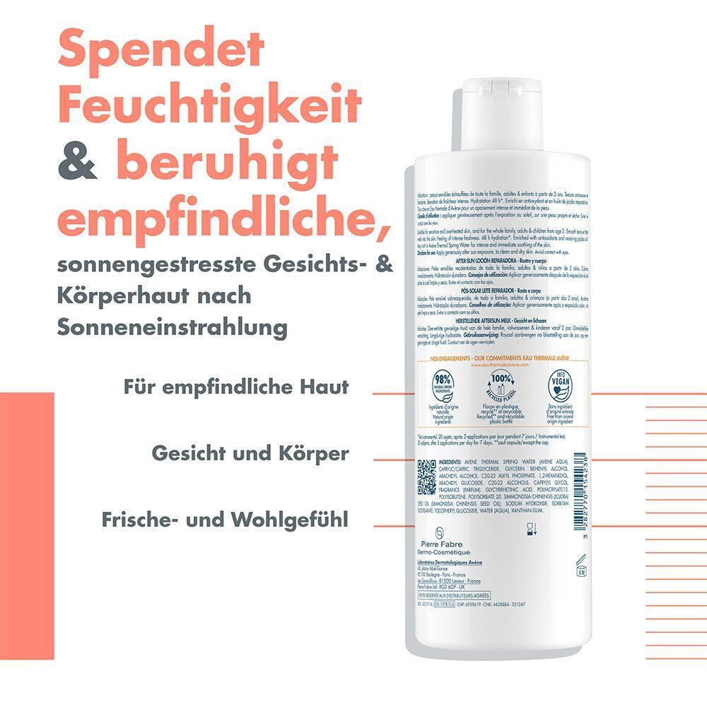 Rückseite einer Avène After Sun Repair Lotion Flasche mit Hinweisen zu Feuchtigkeit, Beruhigung und Inhaltsstoffen.
