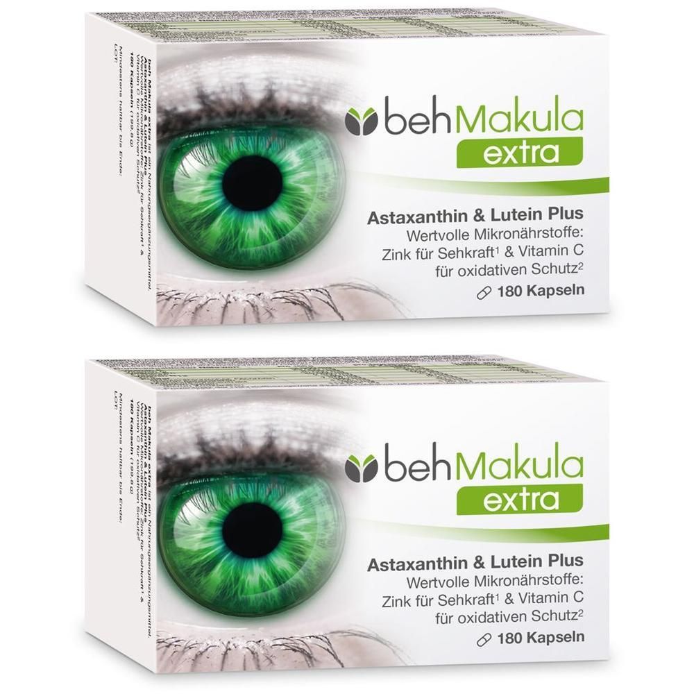 Zwei Packungen Beh Makula extra mit Astaxanthin & Lutein Plus, 180 Kapseln.