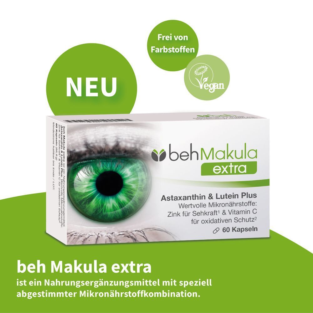 Packung Beh Makula extra, 60 Kapseln, mit Siegeln 'Neu' und 'Vegan'.