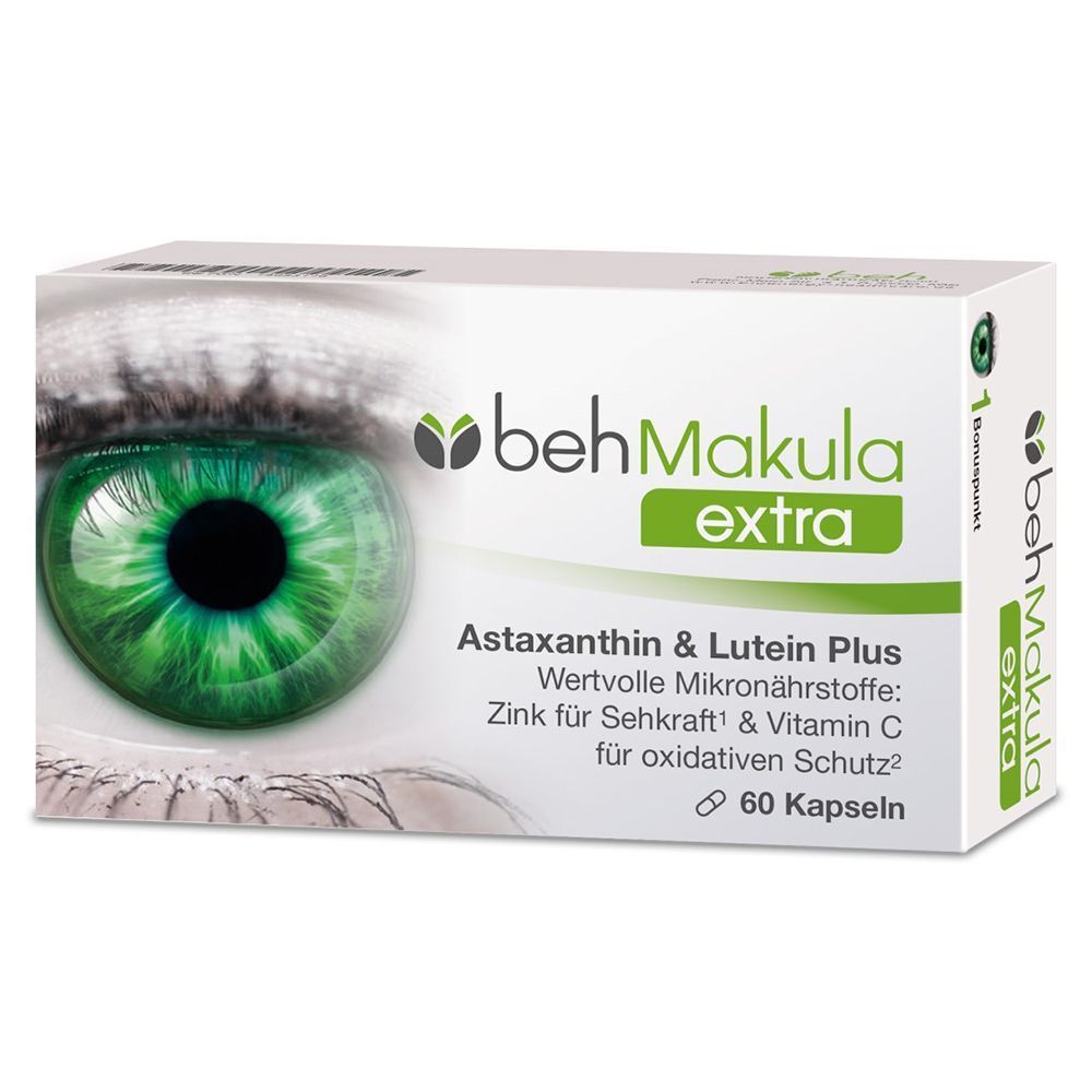 Packung Beh Makula extra, 60 Kapseln, mit Astaxanthin & Lutein Plus.