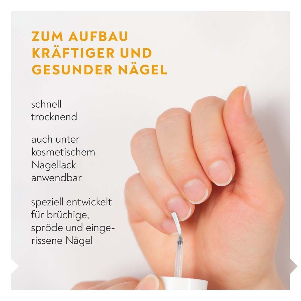Hand mit Pinsel, der BIO-H-TIN® Nagelserum auf ein Nagel aufträgt. Text: Zum Aufbau kräftiger und gesunder Nägel.