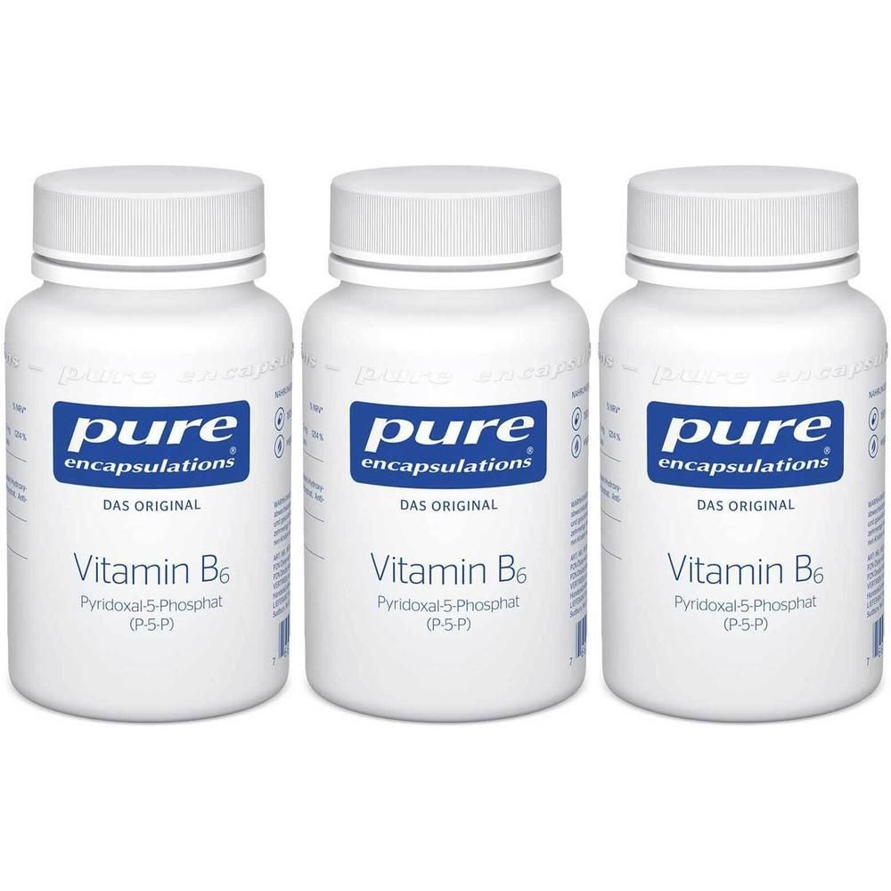 Drei weiße Flaschen mit Pure Encapsulations Vitamin B6 Etikett.