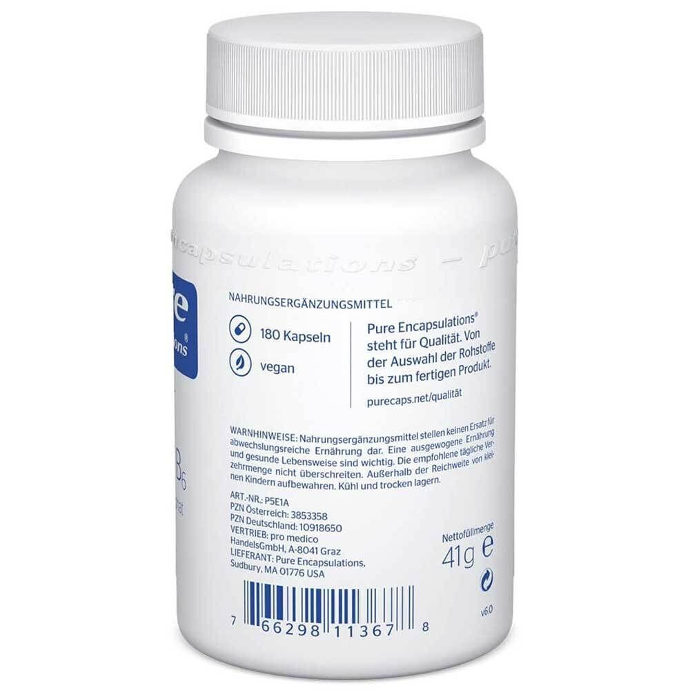 Rückseite einer weißen Flasche mit Pure Encapsulations Vitamin B6, Nährwertangaben und Zertifizierungen.