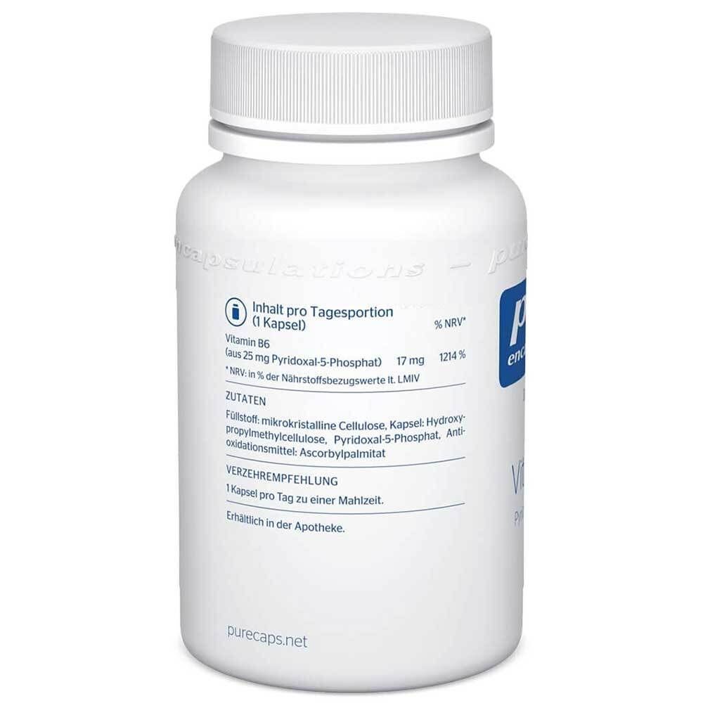 Rückseite einer weißen Flasche mit Pure Encapsulations Vitamin B6, Inhaltsstoffen und Verzehrempfehlung.