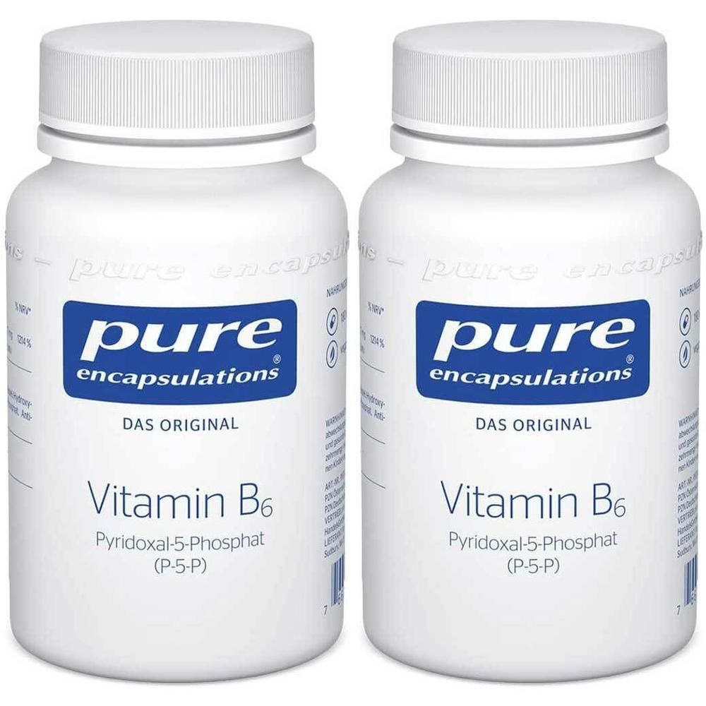 Zwei weiße Flaschen Pure Encapsulations Vitamin B6 (Pyridoxal-5-Phosphat).