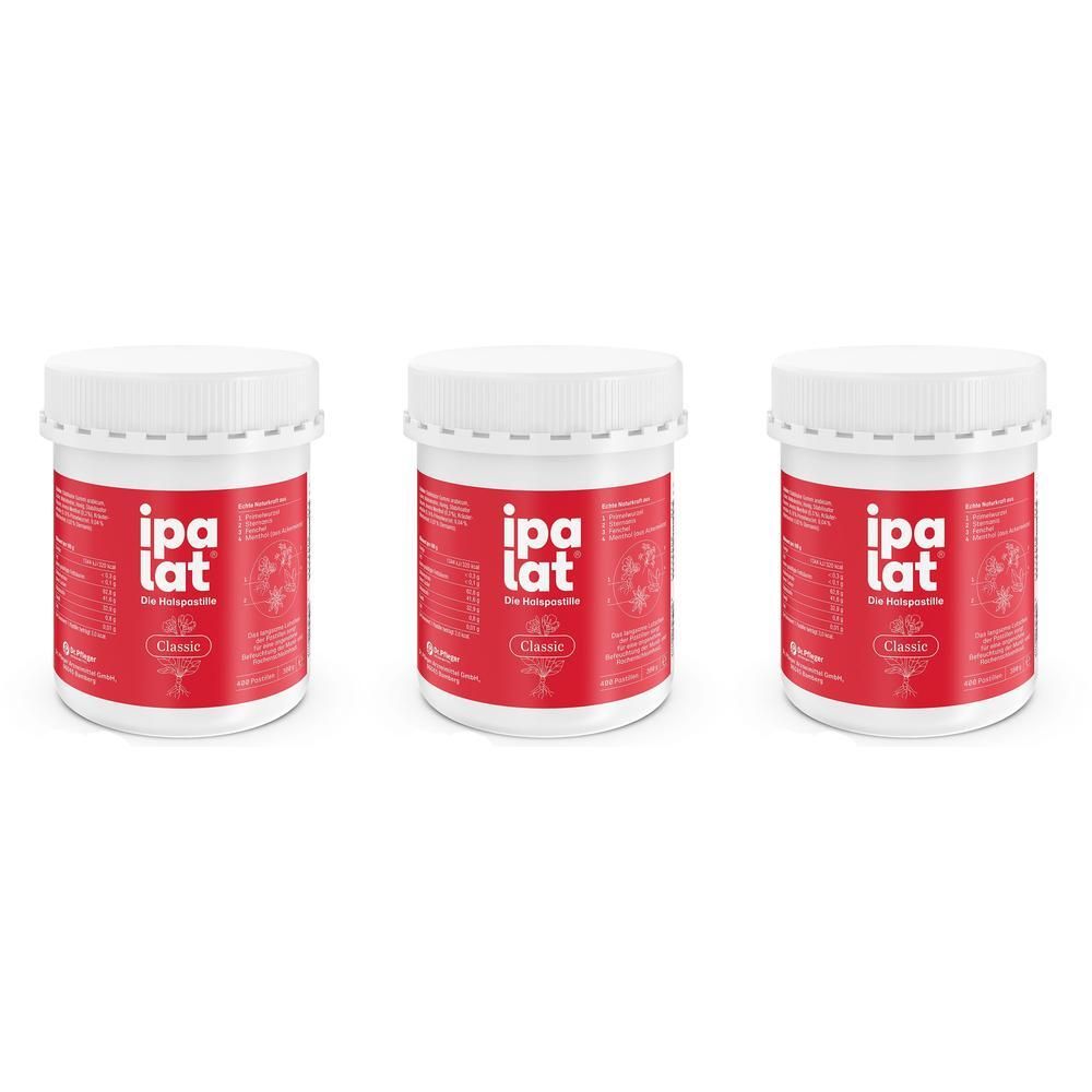 Drei rote Dosen ipalat® Halspastillen Classic nebeneinander.