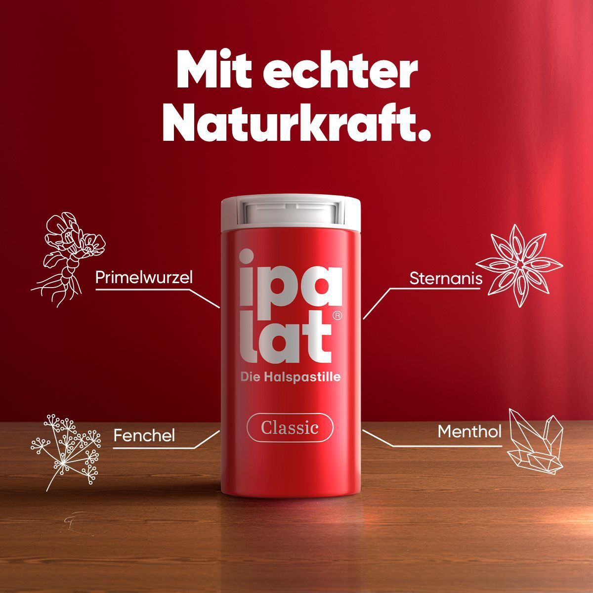 Rote Dose ipalat® Classic mit Kräutern: Primelwurzel, Sternanis, Fenchel, Menthol.