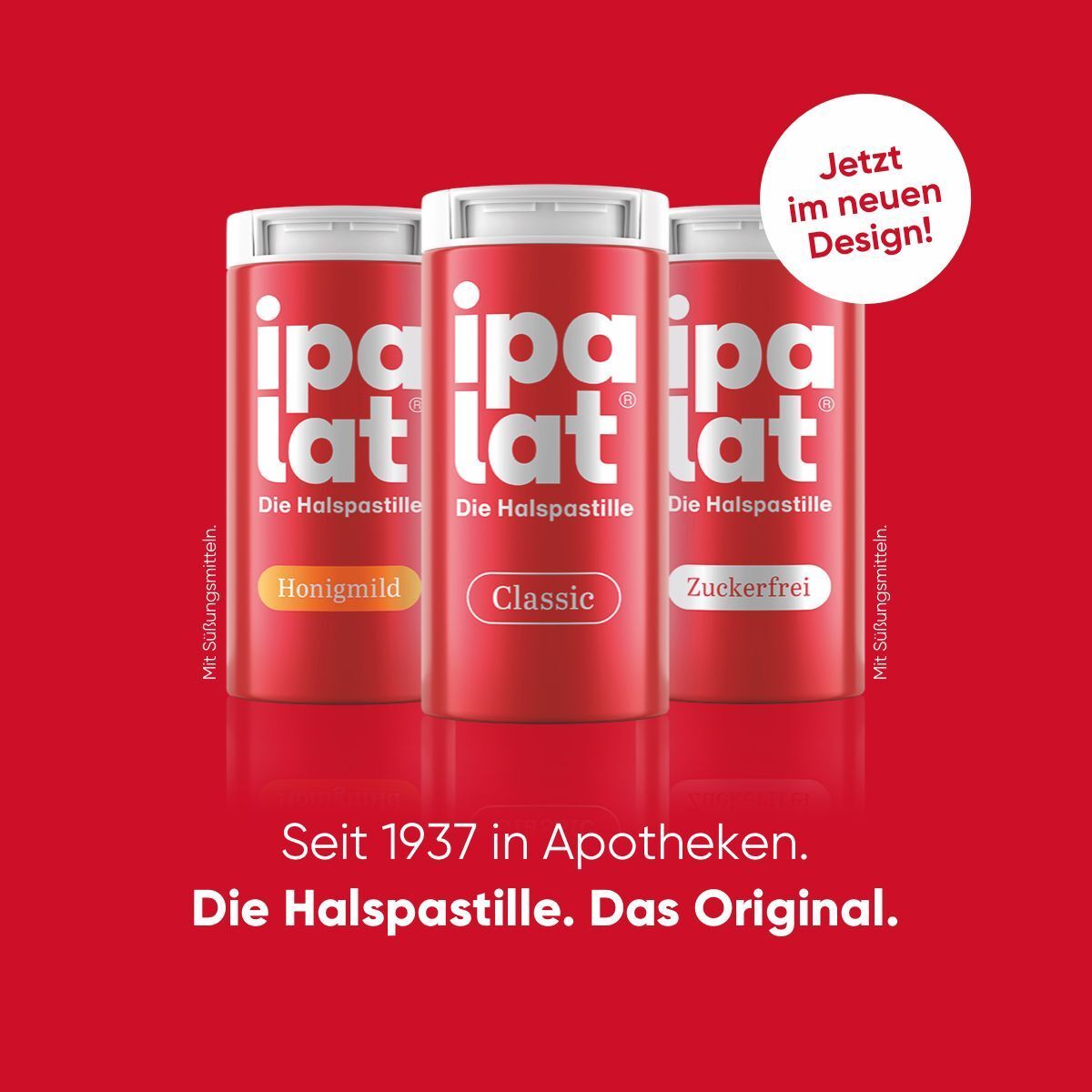 Drei Dosen ipalat®: Honigmild, Classic, Zuckerfrei. "Seit 1937 in Apotheken. Die Halspastille. Das Original."