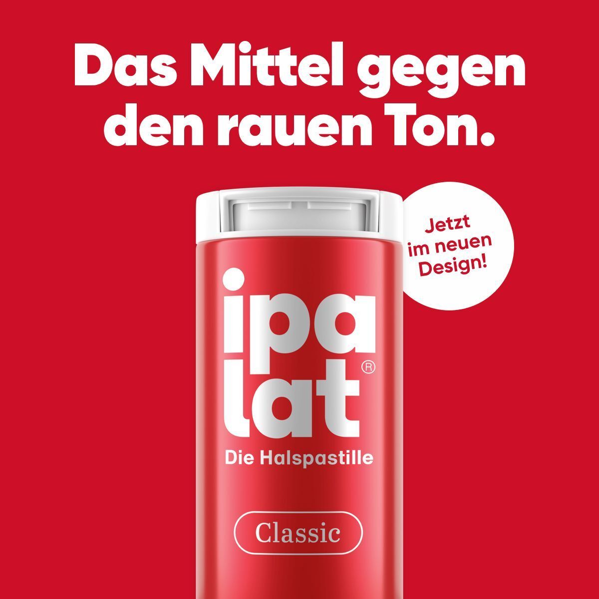 Eine Dose ipalat® Halspastille Classic in neuem Design, roter Hintergrund.