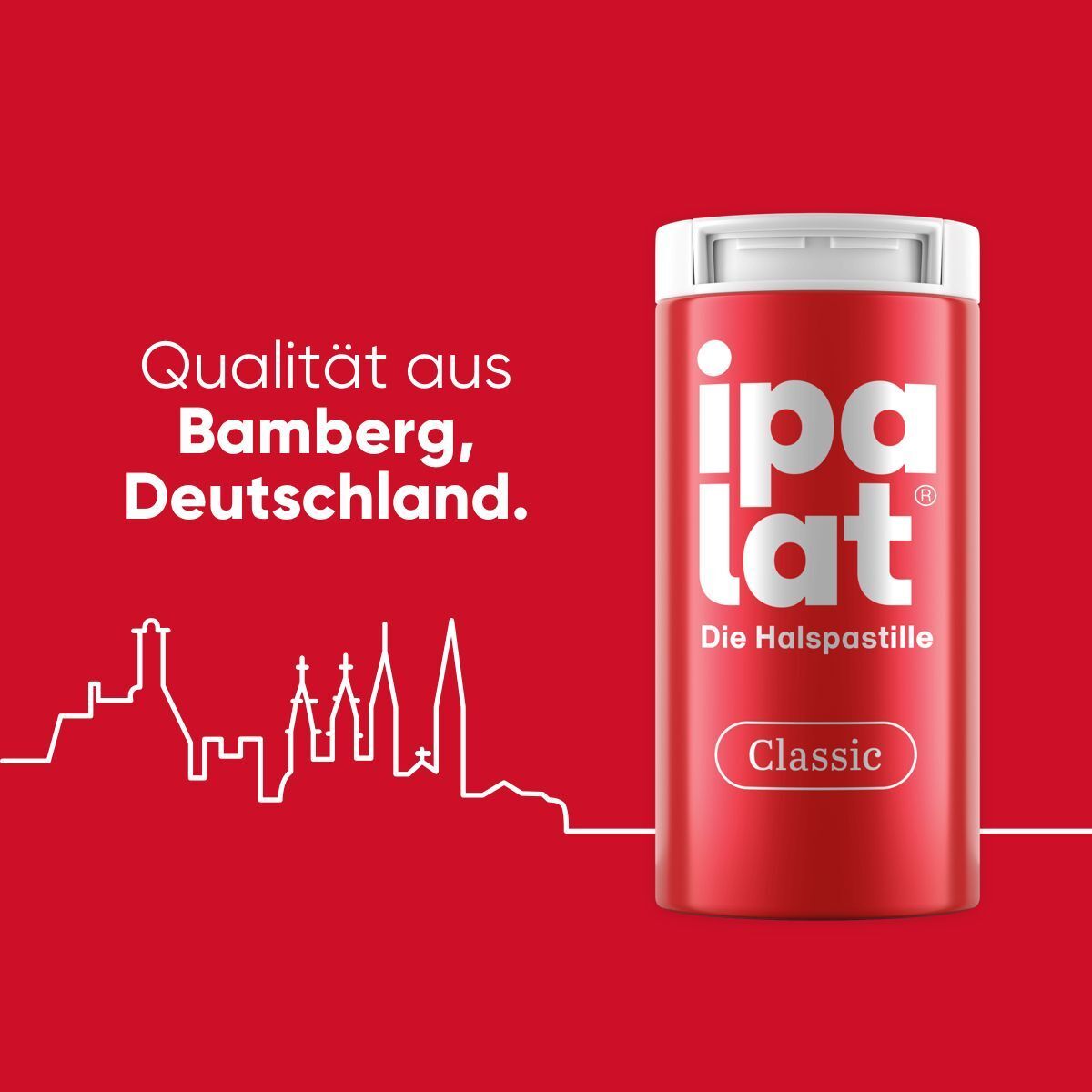 Dose ipalat® Halspastille Classic. Qualität aus Bamberg, Deutschland. Stadtkontur.