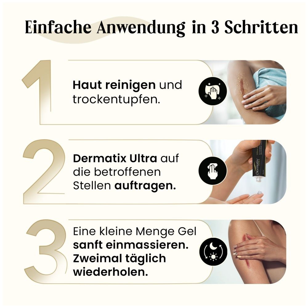 Anwendung von Dermatix Ultra Gel in 3 Schritten: Haut reinigen, Gel auftragen, sanft einmassieren.