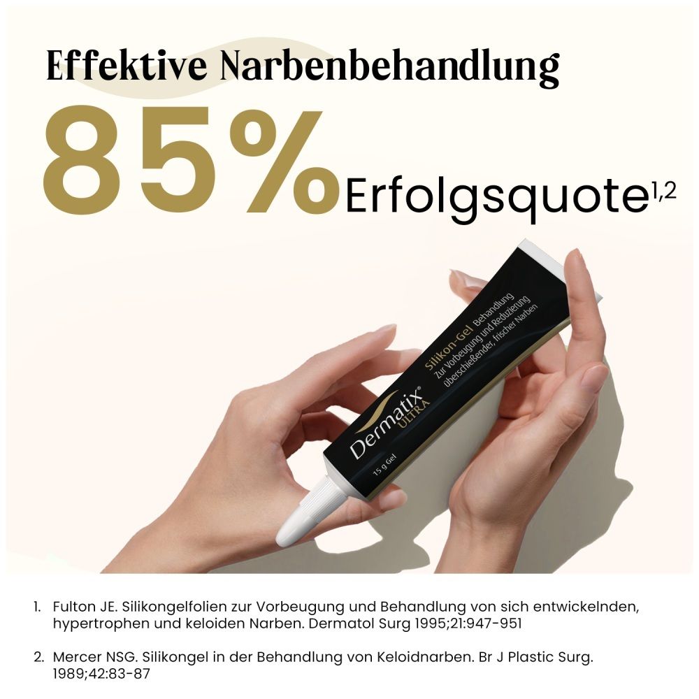 Dermatix Ultra Gel Tube in der Hand, zeigt 85% Erfolgsquote bei der Narbenbehandlung.