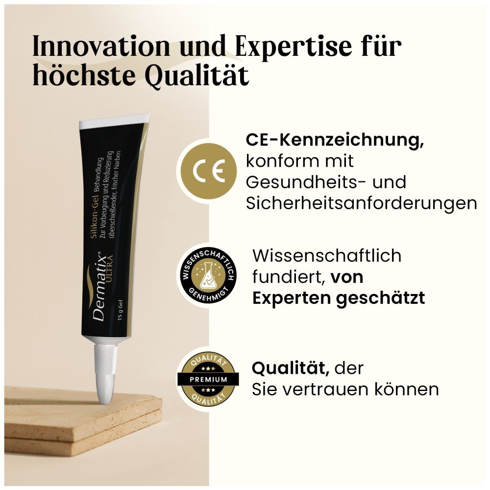 Dermatix Ultra Gel Tube mit CE-Kennzeichnung und Qualitätszertifikaten für höchste Qualität.