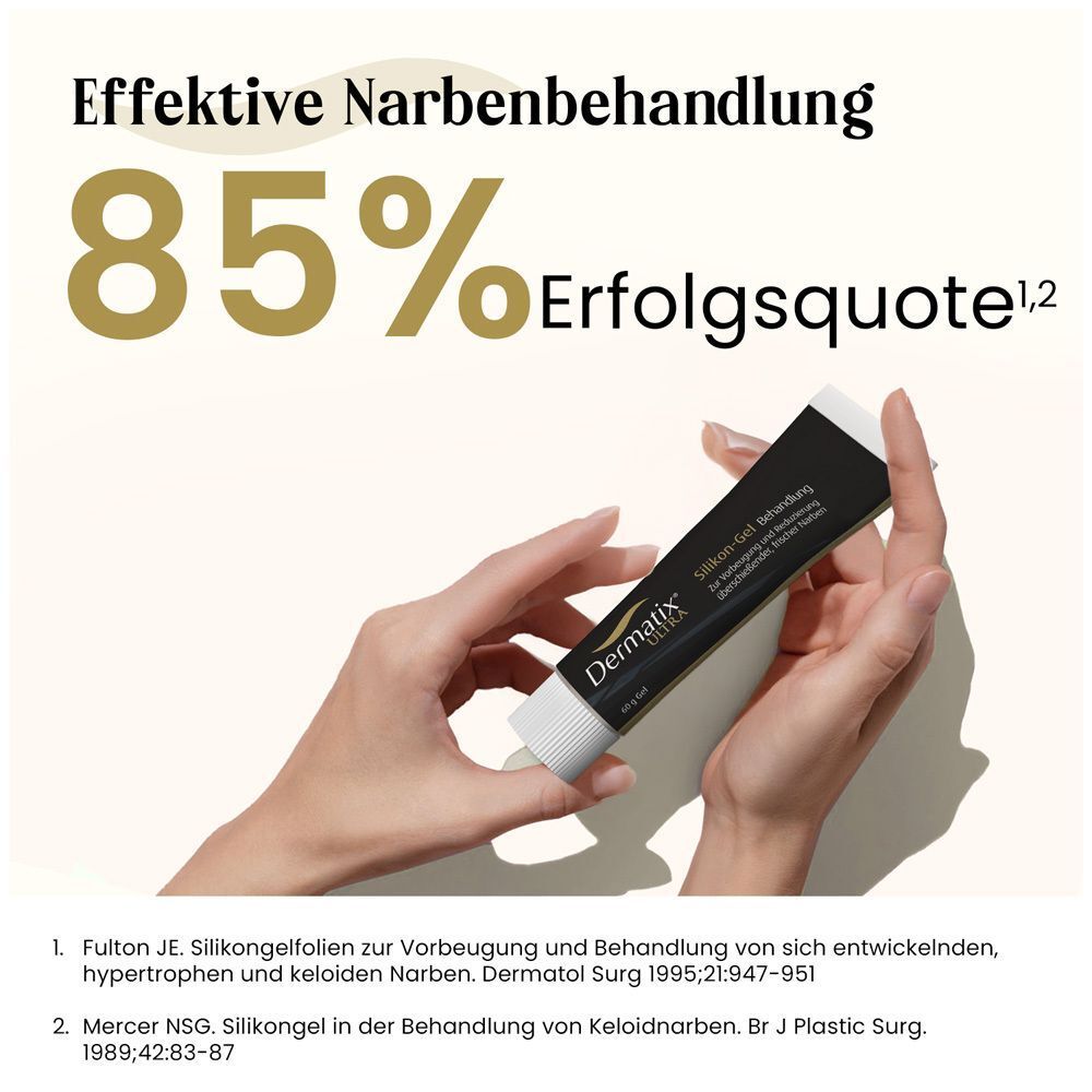 Dermatix Ultra Gel Tube in einer Hand, mit 85% Erfolgsquote bei der Narbenbehandlung.