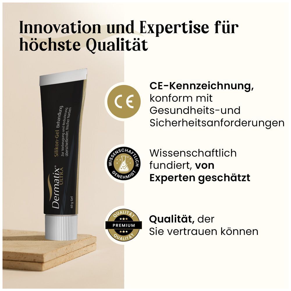 Dermatix Ultra Gel: CE-Kennzeichnung, wissenschaftlich fundiert, Experten geschätzt, Qualität, der Sie vertrauen können.