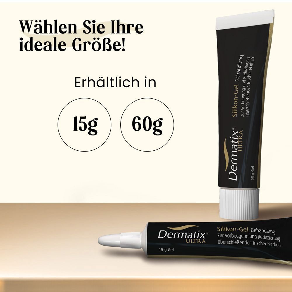 Dermatix Ultra Gel erhältlich in 15g und 60g Tuben.